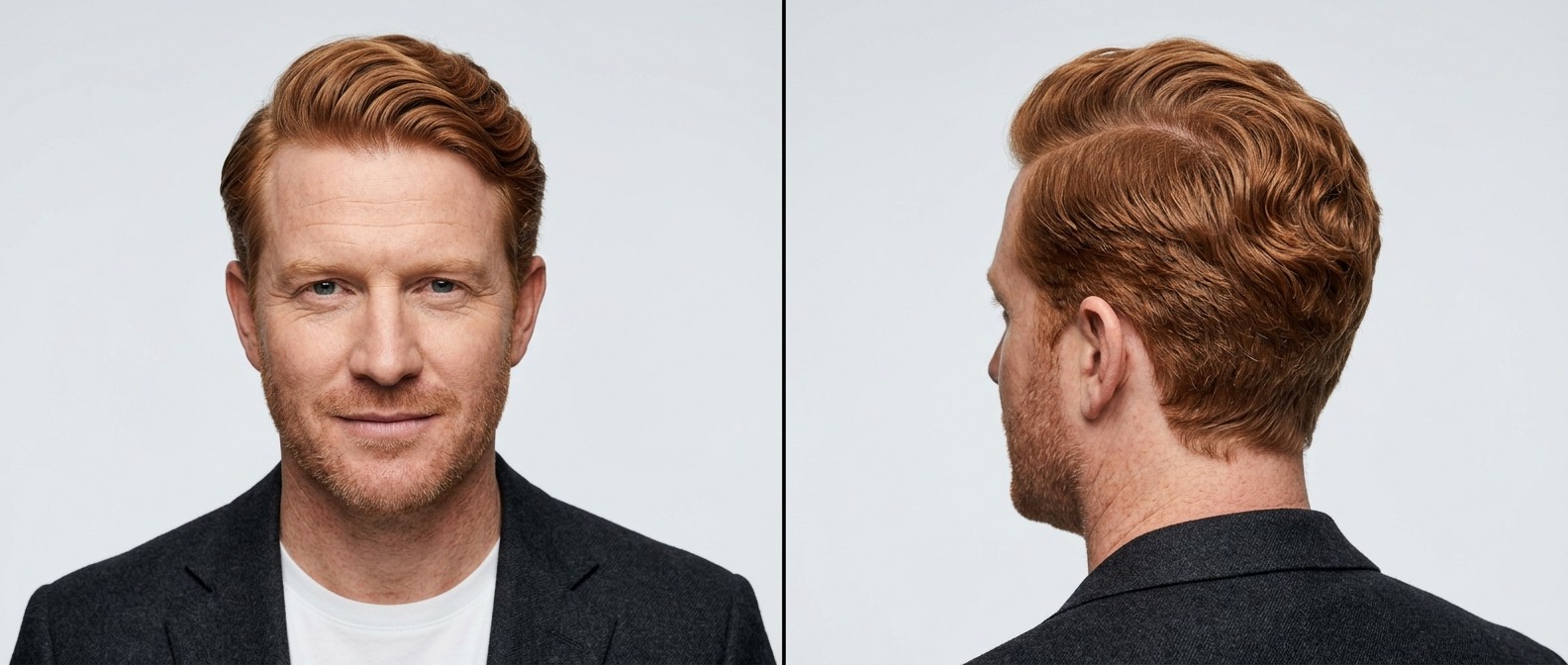 A professional man with red hair wearing a wavy, medium-length comb-over with tapered sides and a tailored suit jacket.