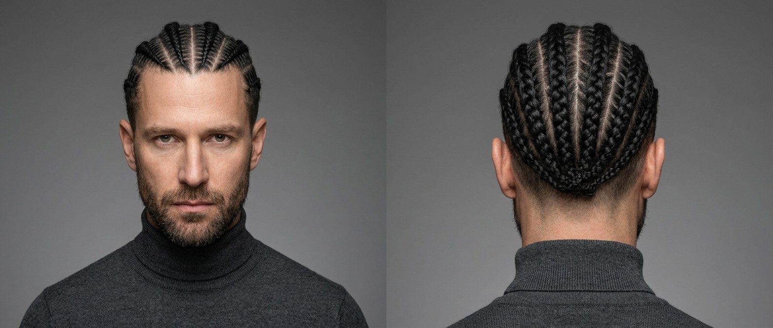 Front and back view of a 45+ Caucasian man with thick black curly hair styled in classic straight-back cornrows, paired with a short tidy beard.