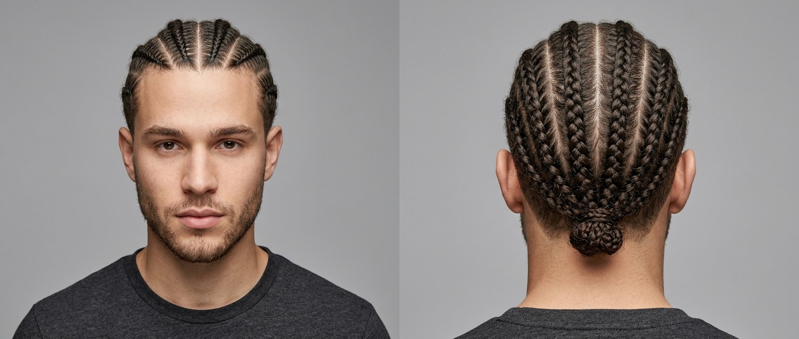 Young man with dark brown hair styled in neat, straight-back cornrows ending in a small braided knot at the nape of the neck.