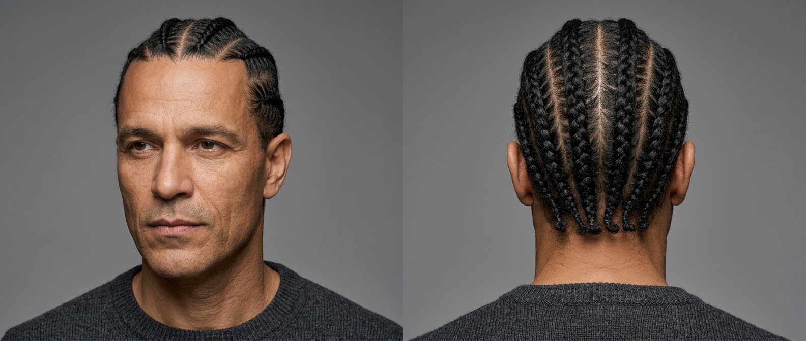 Mature man with olive skin showcasing neat, straight-back medium-length cornrows. Front and back view of protective braided hairstyle.