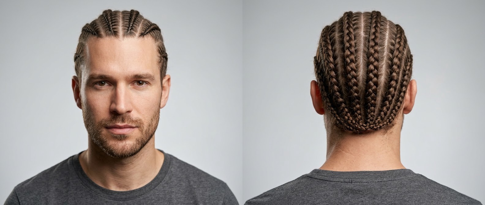 Front and back view of a Caucasian man with light stubble wearing neat, straight-back medium cornrows in his thick, brown curly hair.