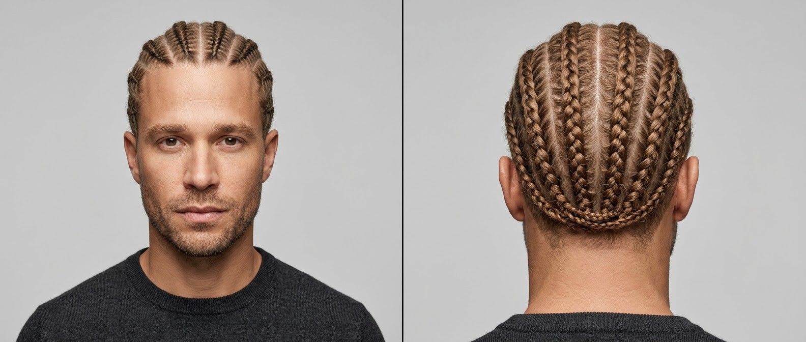 Front and back view of a Caucasian man with a square jawline and stubble, wearing thick light brown hair styled in neat, straight-back cornrows.