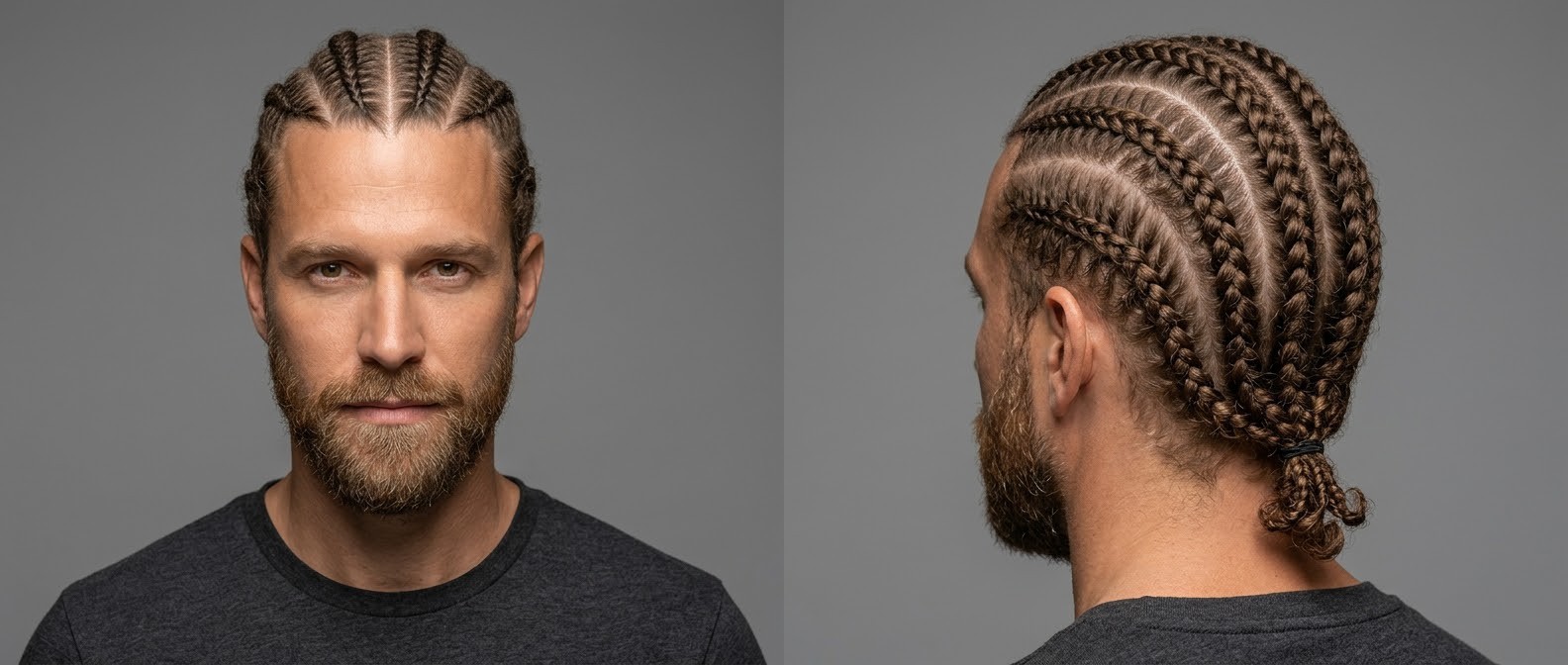 Caucasian man aged 35-45 with a full beard wearing light brown hair in straight-back cornrows, secured into a small looped knot at the nape.