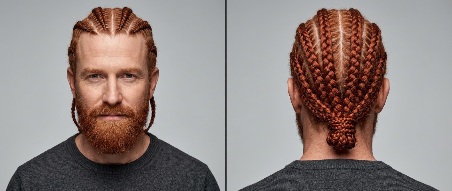 Front and back view of a mature Caucasian man with a red beard wearing thick straight-back cornrows tied into a neat braided knot at the nape.