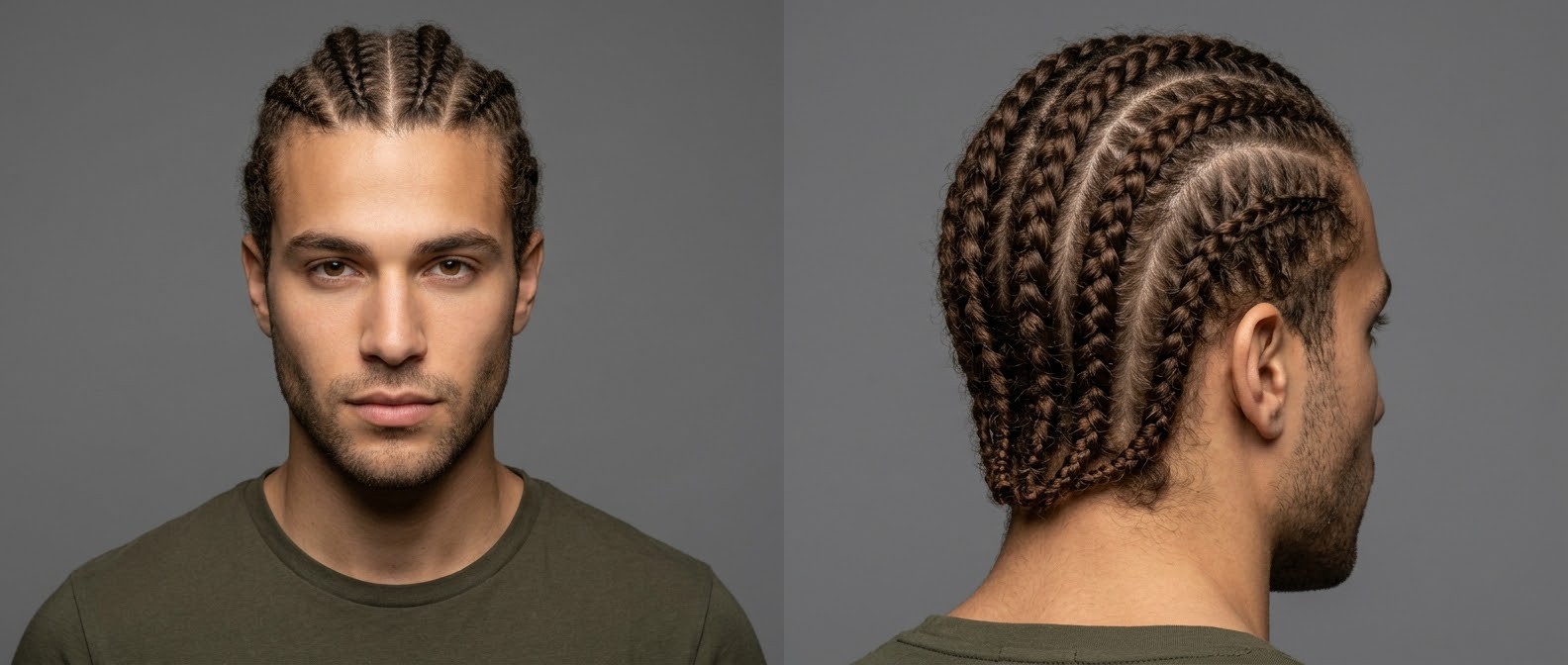 Young man with olive skin and brown hair modeling neat, straight-back medium cornrows, featuring clean precision partings and a sleek, scalp-hugging braided silhouette.