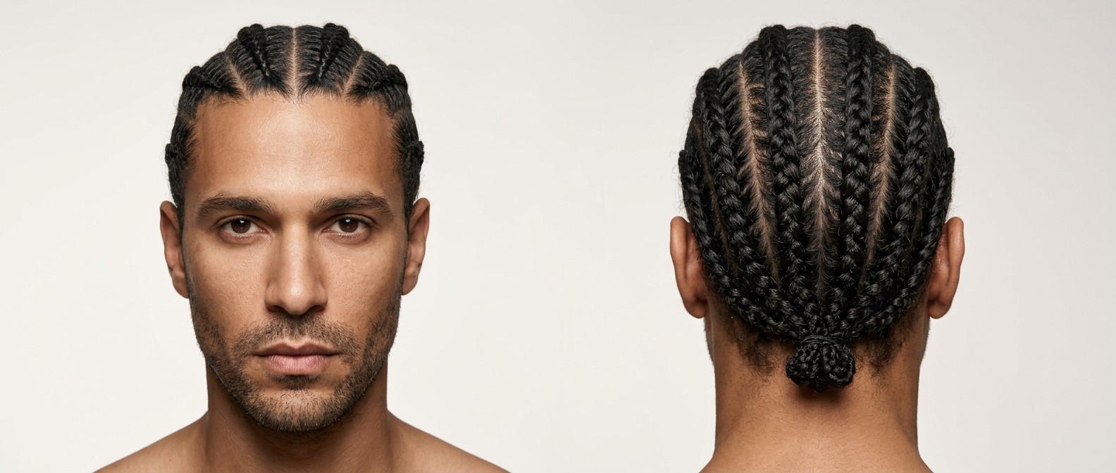 Vorder- und Rückansicht eines Mannes mit Cornrows, die in einem Knoten am Nacken zusammenlaufen.