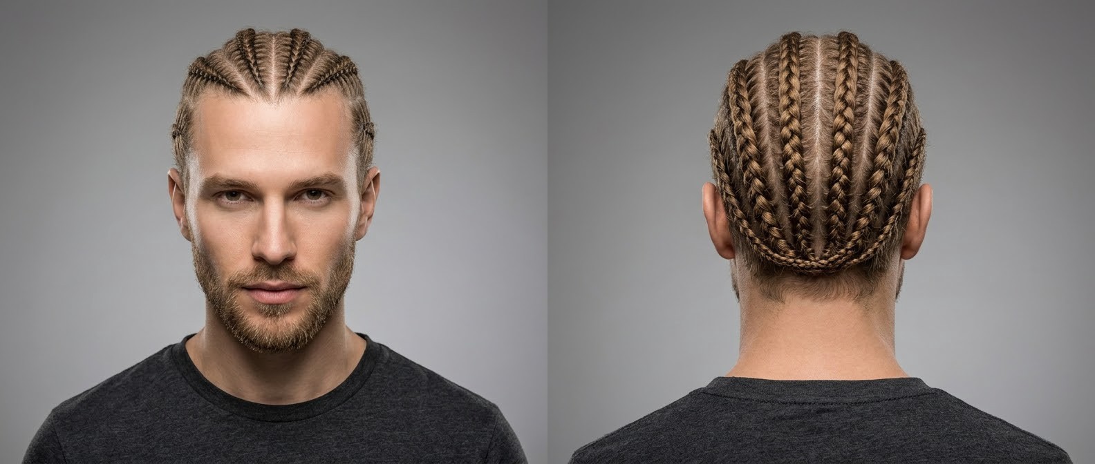 Caucasian man with light brown hair styled in straight-back cornrows with tucked ends at the nape, paired with a neat short beard.