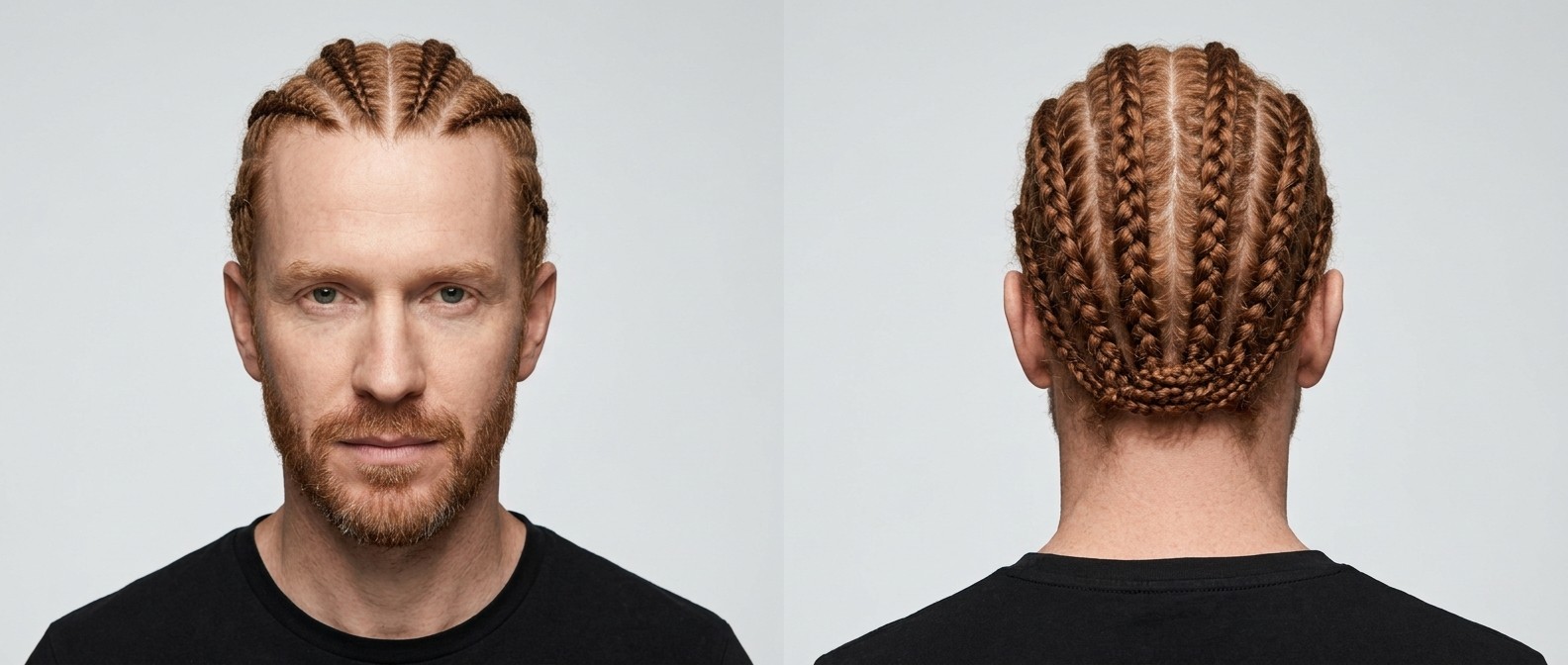 Mann über 45 mit rotem Haar und Bart trägt Straight-Back-Cornrows mit sauberem Nackenabschluss.