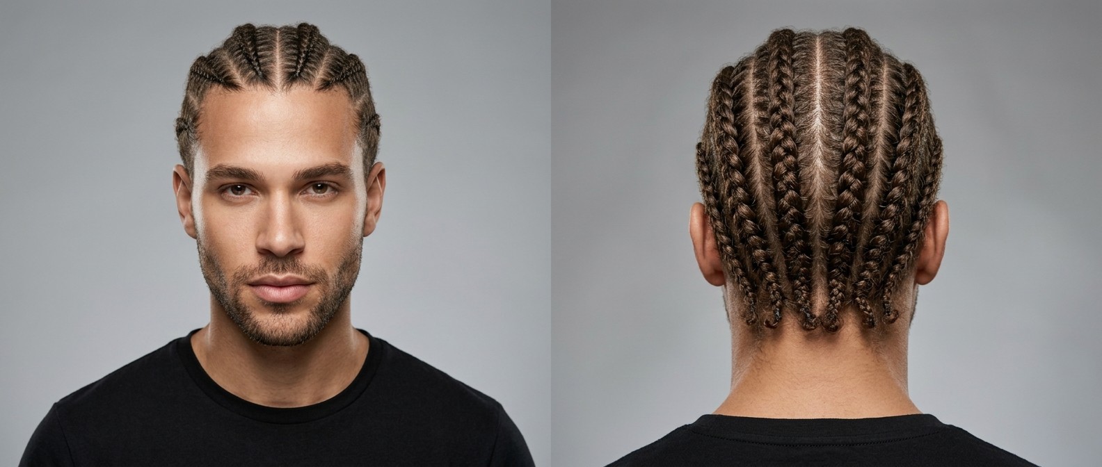 Front- und Rückansicht eines 25-35-jährigen Mannes mit Dreitagebart und perfekt symmetrischen Straight-Back Cornrows mit sauberen Scheiteln.