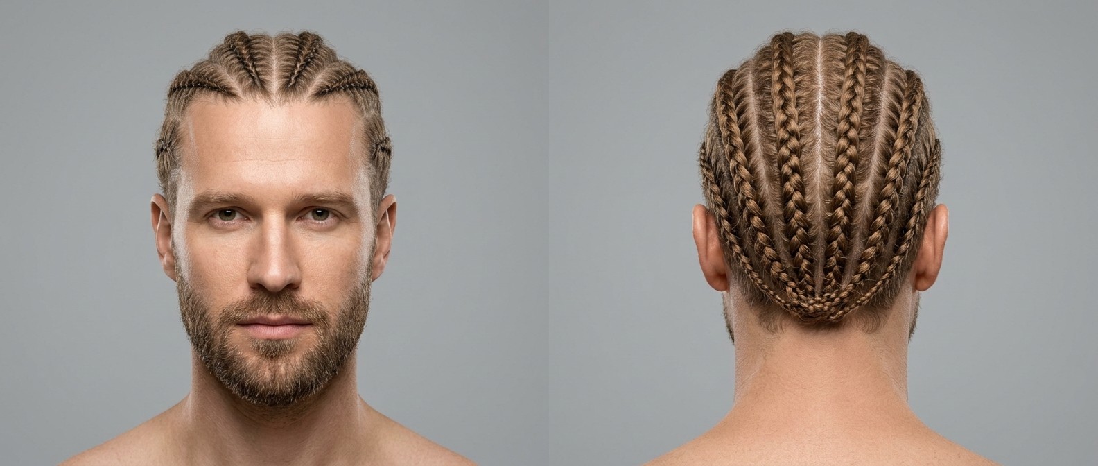 Vorder- und Rückansicht eines hellbraunhaarigen Mannes mit Kurzbart und symmetrischen Straight-Back Cornrows.