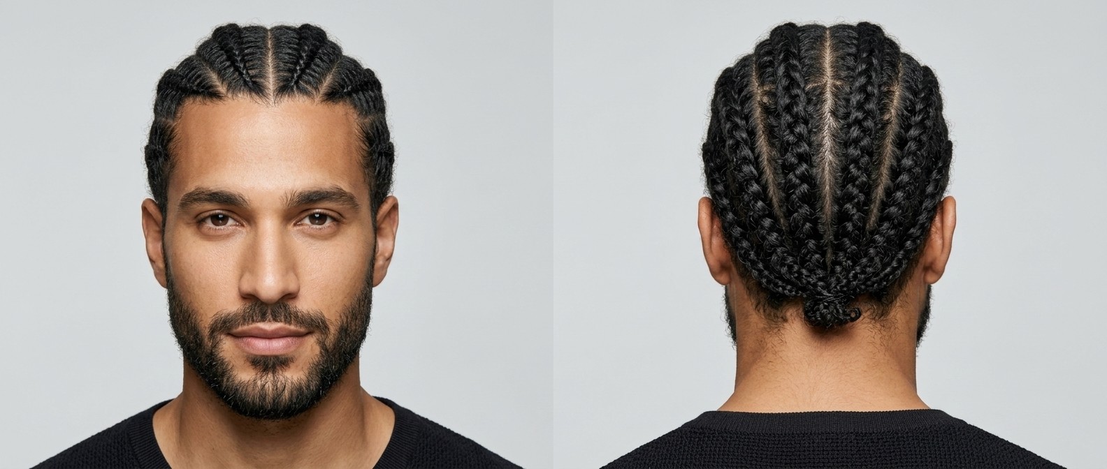 Vorder- und Rückansicht eines Mannes mit Bart und Straight-Back-Cornrows, die in einem sauberen Nackenknoten enden.