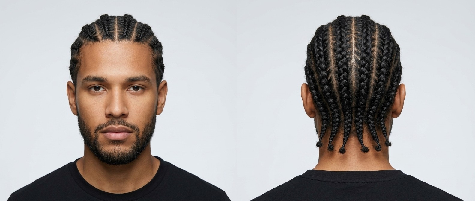 Junger Latino-Mann mit kurzem Bart trägt klassische Straight-Back Cornrows mit dicken Zöpfen und sauberen Scheiteln vor neutralem Hintergrund.