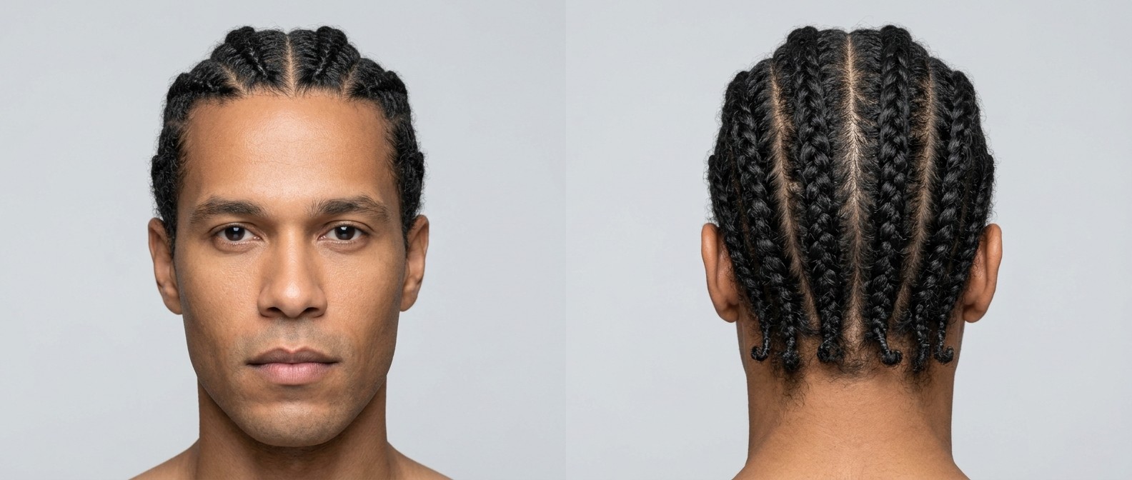 Vorder- und Rückansicht eines 35-45-jährigen Mannes mit mittlerem Hautton ohne Bart, der klassische Straight-Back Cornrows mit sauberen Scheiteln und gelockten Spitzen trägt.