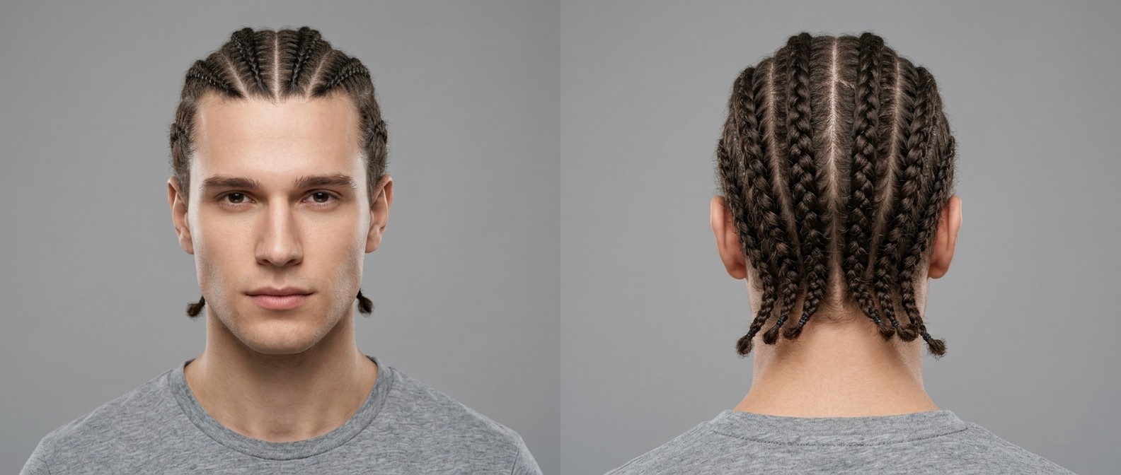 Vorder- und Rückansicht eines jungen Mannes mit hellem Teint und dunkelbraunem Haar mit sechs symmetrischen Straight-Back Cornrows und Schlaufenenden.