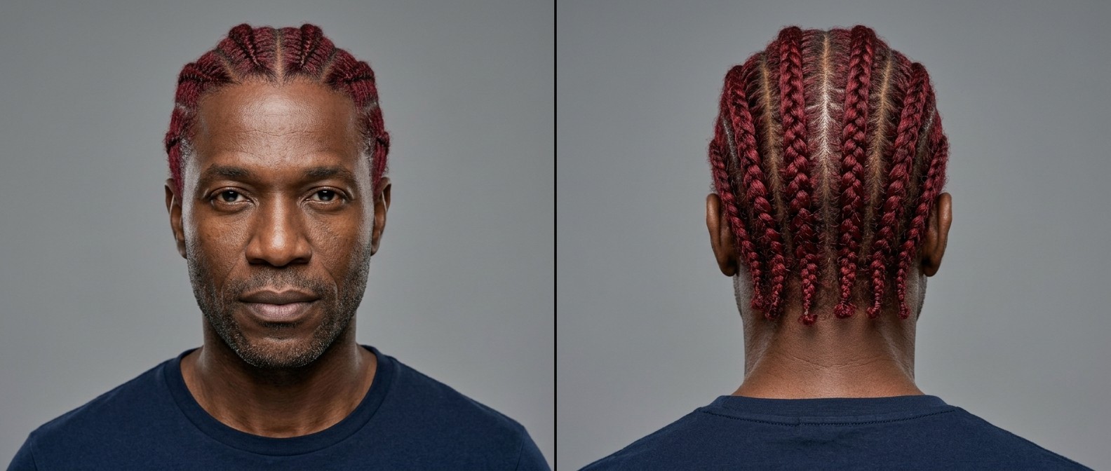 Vorder- und Rückansicht eines reifen Mannes mit Bart und leuchtend karmesinroten Straight-Back Cornrows.