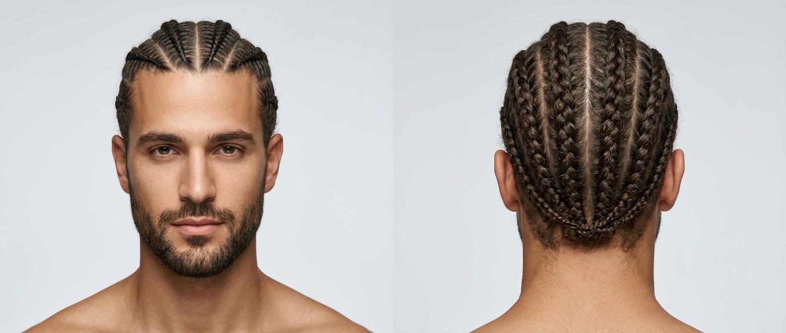Front and back view of a Caucasian man with olive skin and a short beard wearing classic straight-back cornrows in medium-long dark brown curly hair.