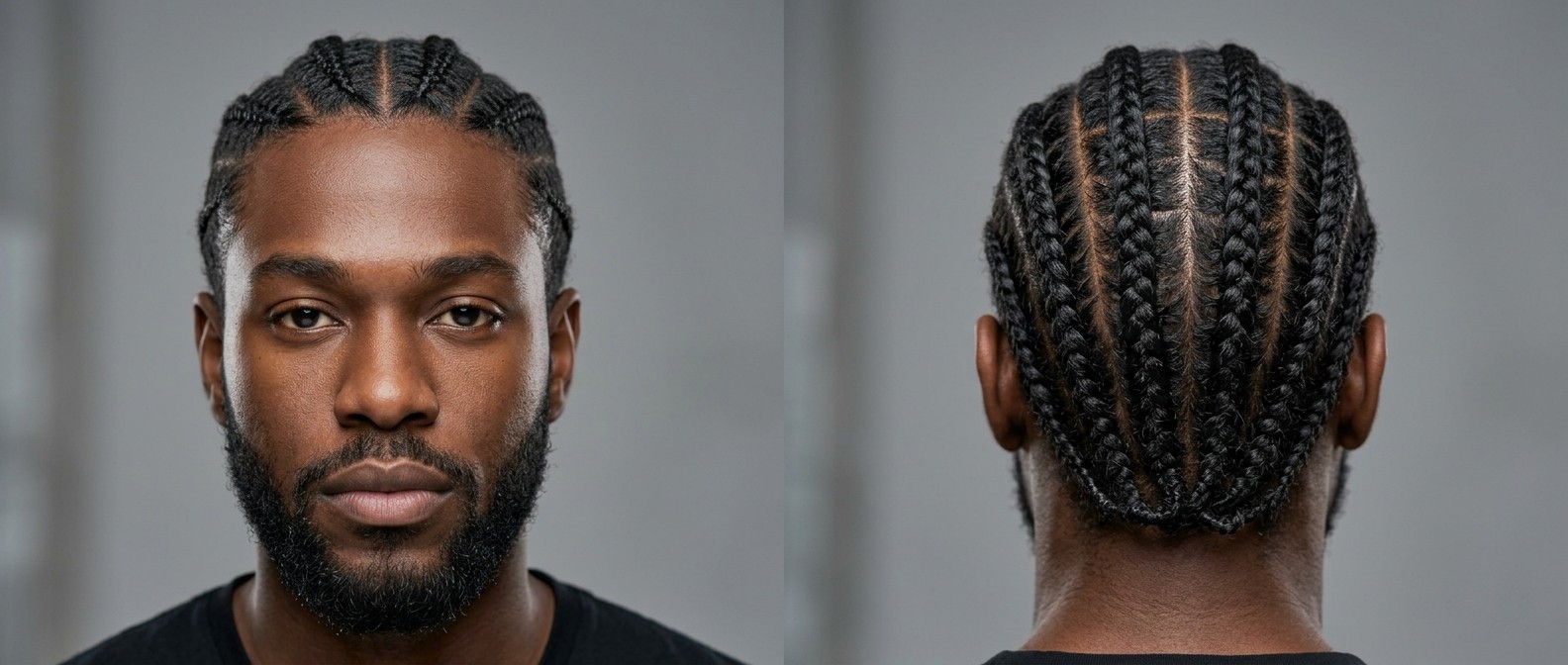 Vorder- und Rückansicht eines jungen Mannes mit Vollbart und gepflegten Straight-Back Cornrows mit geometrischem Parting.