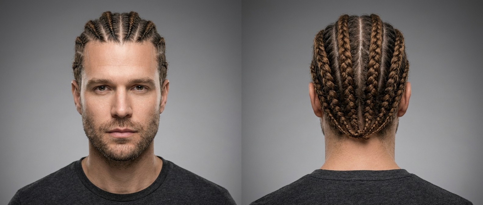 Caucasian man with a square face and light stubble modeling thick, straight-back light brown cornrows ending neatly at the nape of the neck.