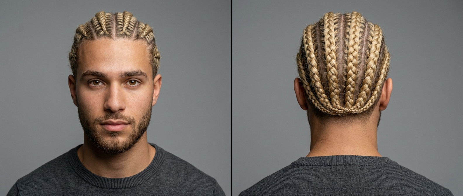 Young man with olive skin and short beard showcasing straight-back blonde cornrows on thick curly hair, featuring clean scalp parts and neat ends.