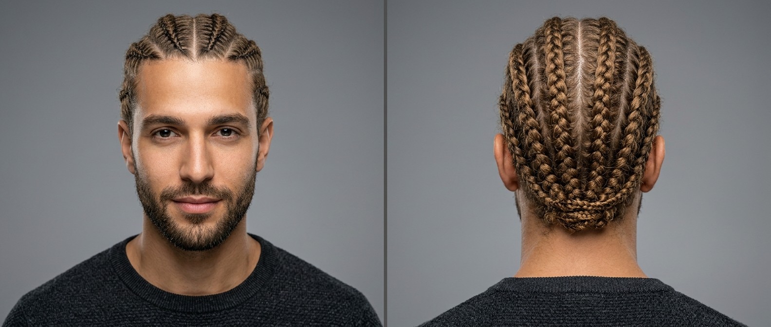 Caucasian man with light brown thick hair styled in six straight-back cornrows with a tucked nape, featuring an oval face and a short groomed beard.