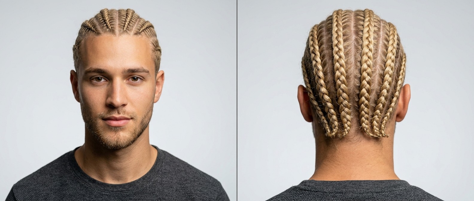 Front and back view of a young man with blonde, medium-length curly hair styled in neat, straight-back cornrows with clean scalp partings.