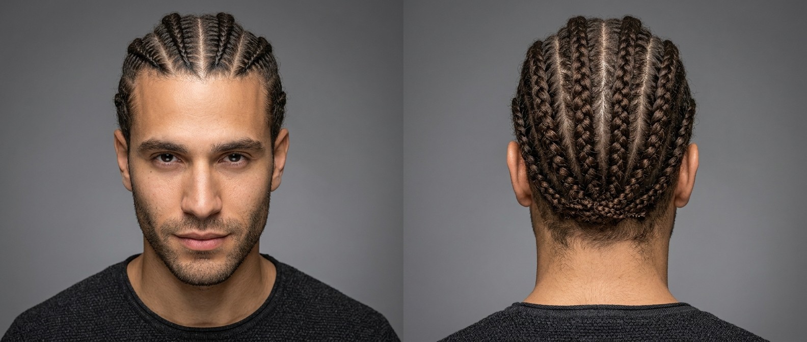 Front and back view of a man with olive skin and stubble wearing neat, straight-back cornrows with symmetrical partings and tucked ends.