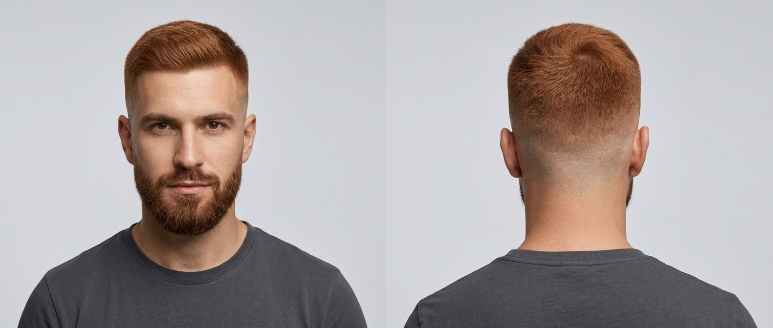 Vista frontal e lateral de um jovem ruivo com corte crew cut texturizado e degradê, fundo cinza claro.