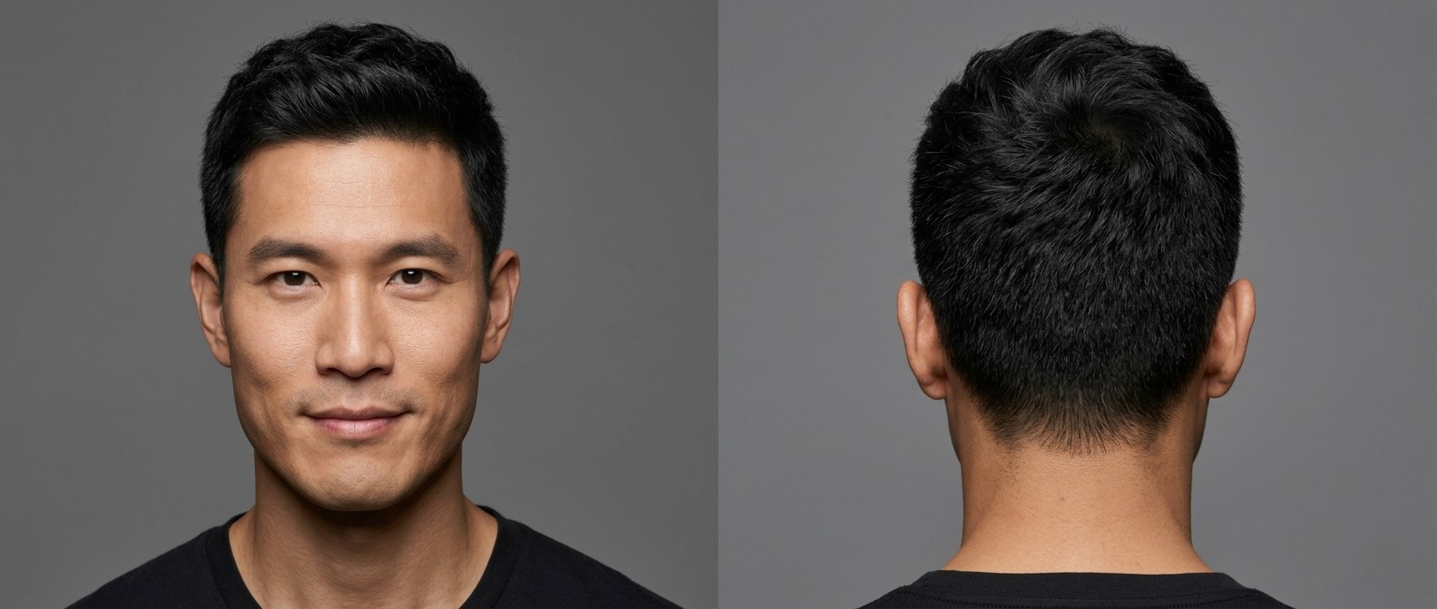 Vista frontal e lateral de um homem com crew cut texturizado, laterais curtas e topo ondulado estilizado para cima.