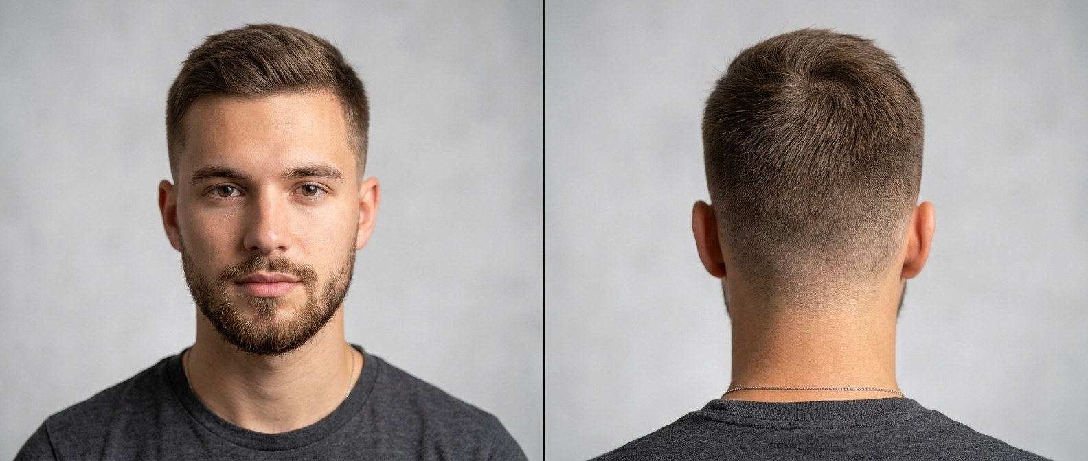 Front and back view of an 18 to 25-year-old man with a classic textured crew cut, mid drop fade, and a neatly trimmed brown beard.