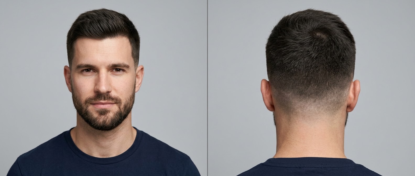 Front and back view of a Caucasian man with a classic textured crew cut, mid fade, and a neatly groomed short beard on a gray background.