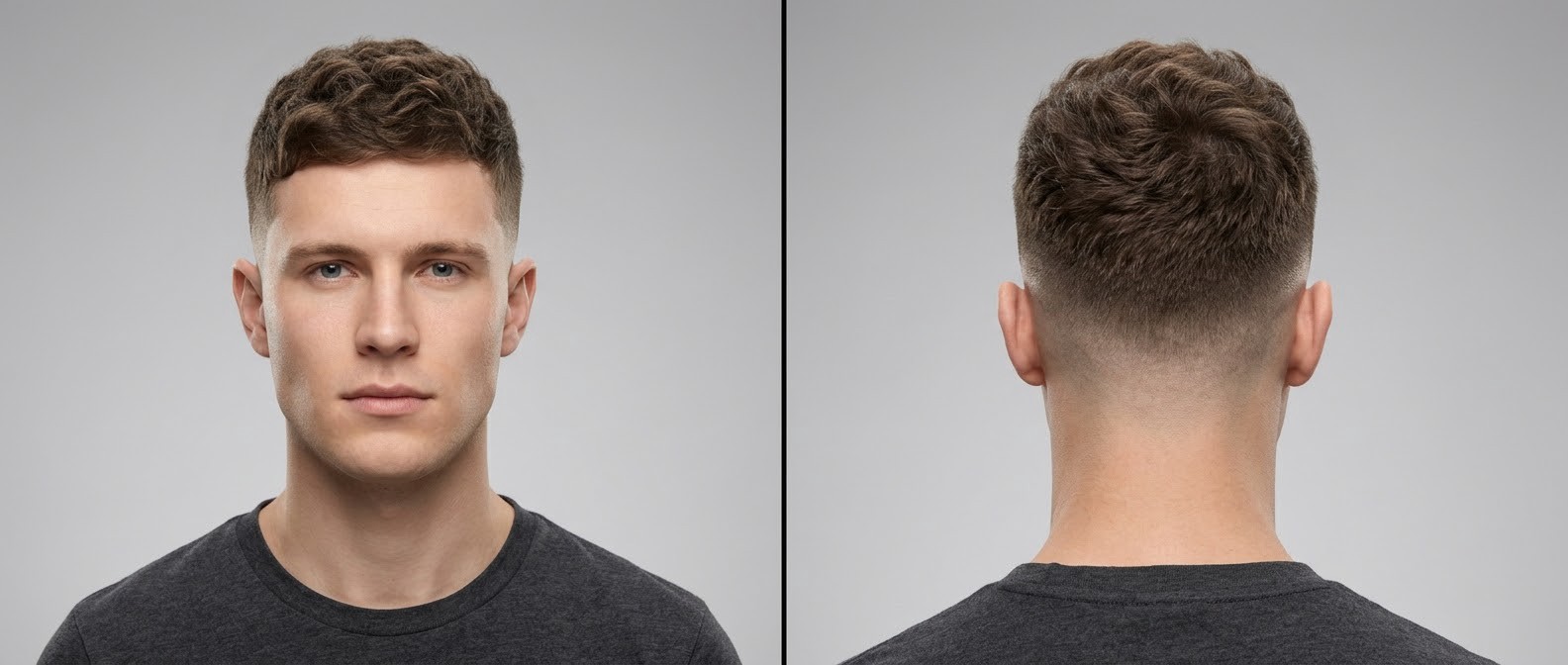 Front and back view of a young Caucasian man modeling a textured wavy crew cut with a high skin fade and blunt fringe.