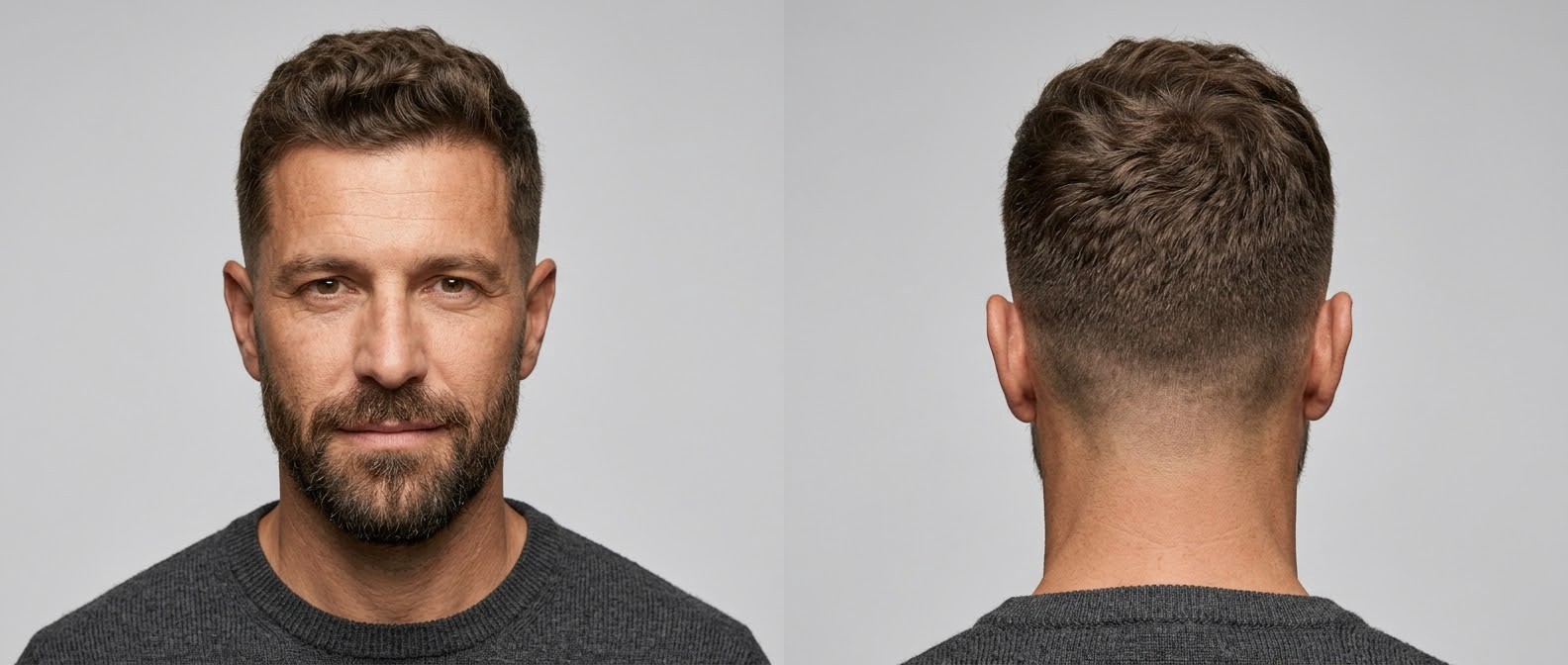 Front and back view of a 45-year-old man with a textured wavy crew cut, short tapered sides, receding hairline, and a groomed brown beard.