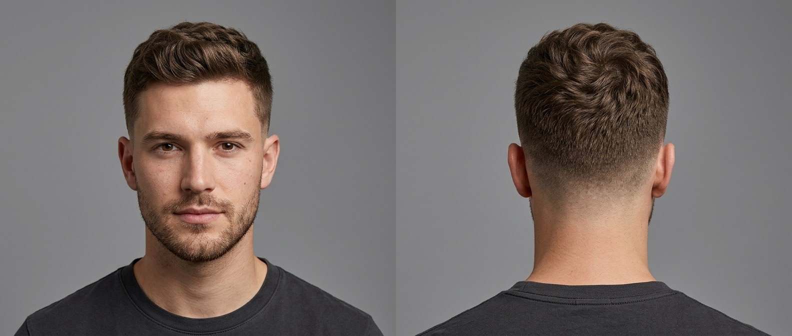 Front and back view of a young man with a wavy textured crew cut, featuring a seamless mid skin fade and an upward swept fringe.