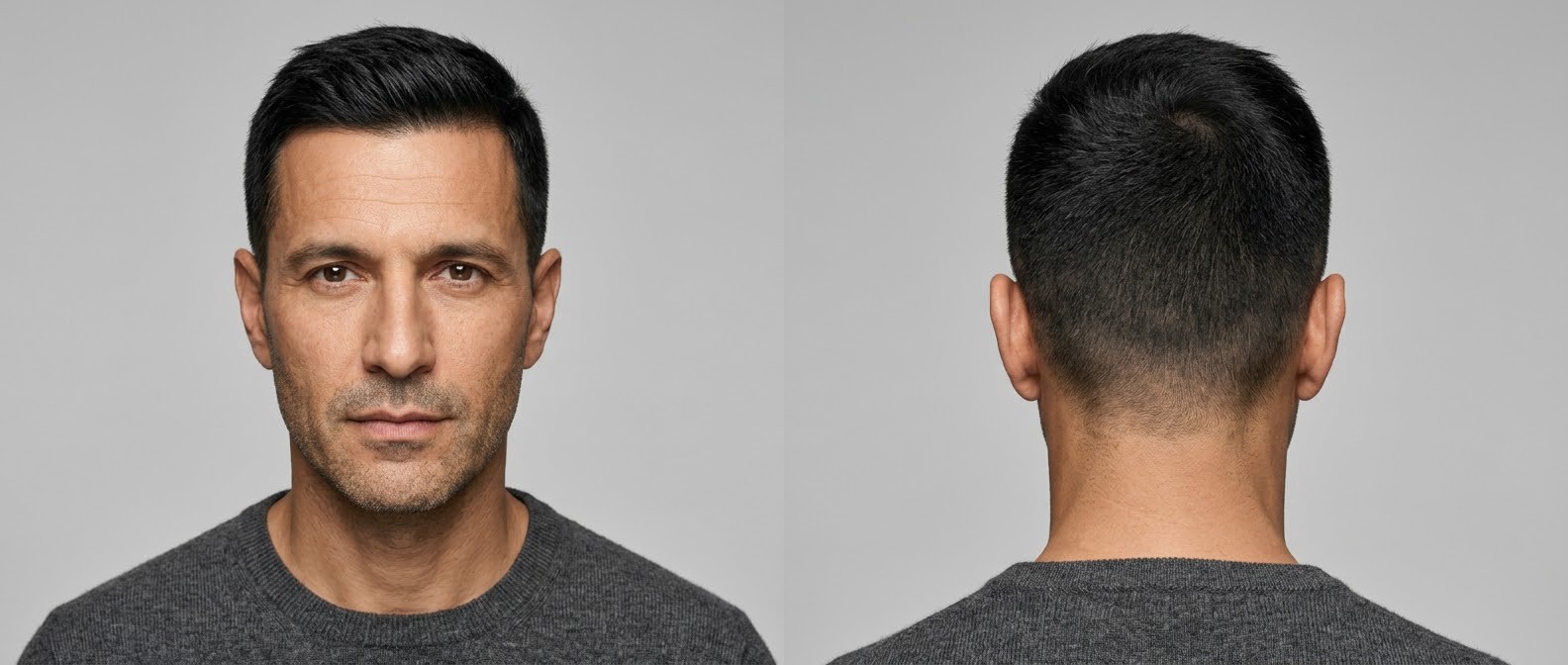 Front and back view of a mature man with olive skin and stubble wearing a classic short crew cut with tapered sides and a textured, side-swept top.