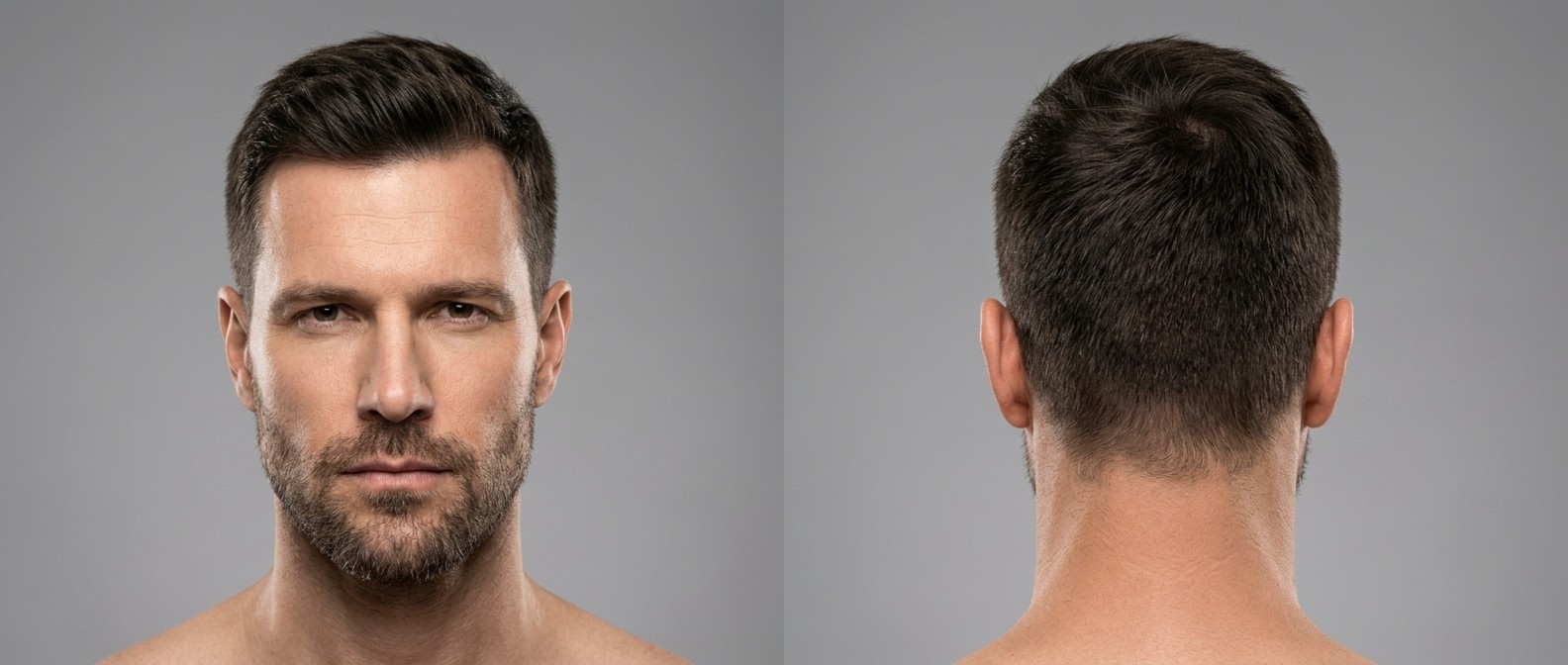 Vista frontal e traseira de um homem caucasiano de 45 anos com crew cut texturizado, entradas e barba curta em fundo cinza.