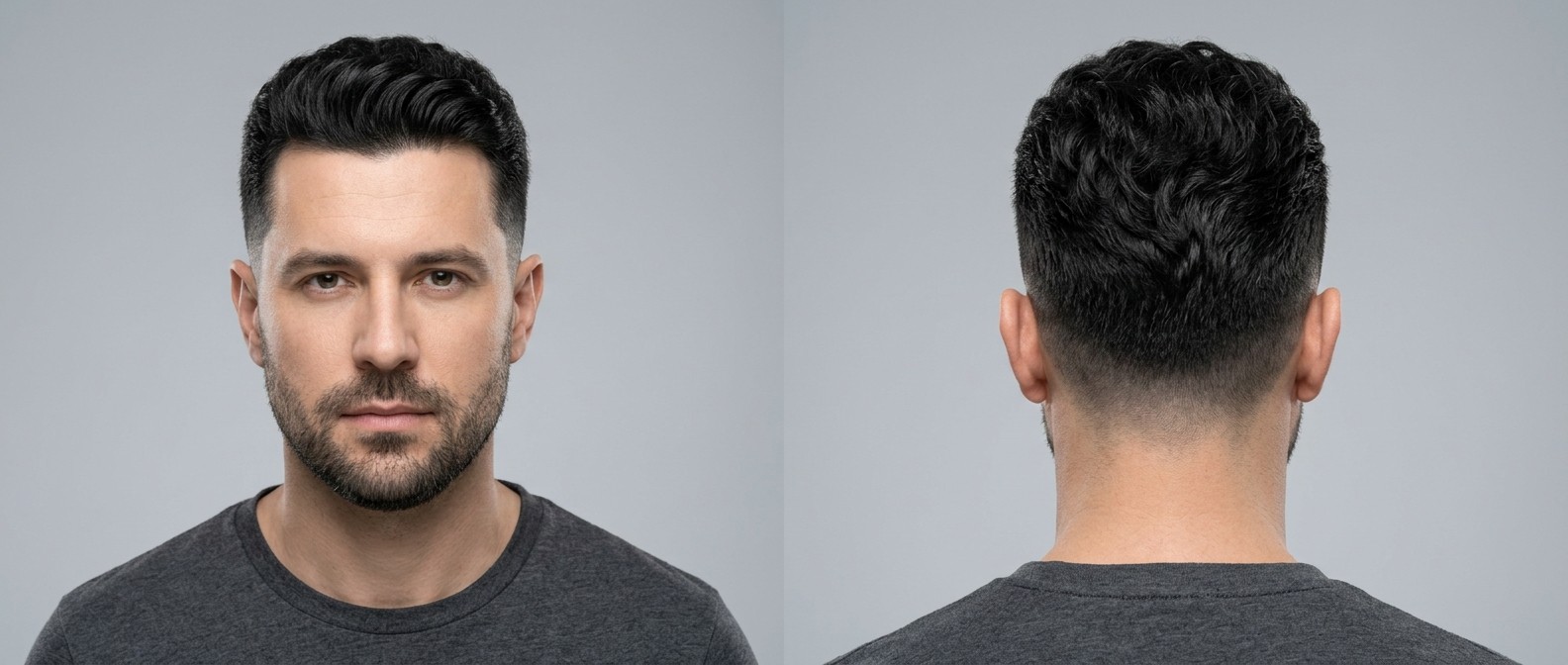Homem caucasiano com cabelo ondulado escuro e denso, usando um crew cut texturizado com mid fade e barba curta.