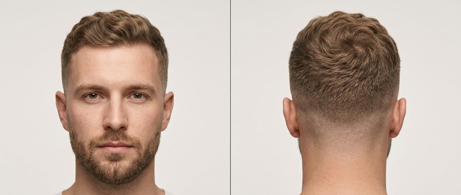 Homem com cabelo ondulado estilo crew cut, mid fade e barba curta, estilizado para frente para cobrir entradas.