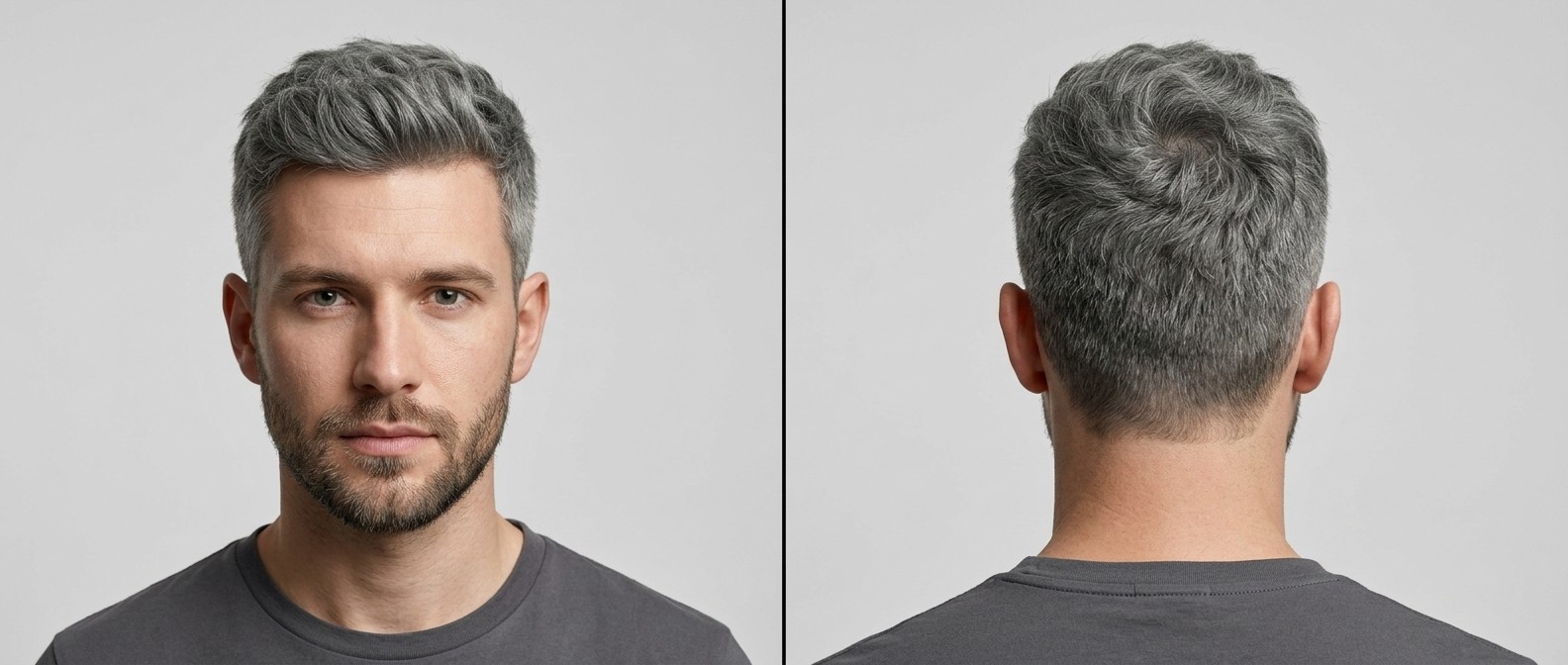 Vista frontal e lateral de um homem com crew cut texturizado, cabelo grisalho grosso, laterais em degradê e barba curta e alinhada.