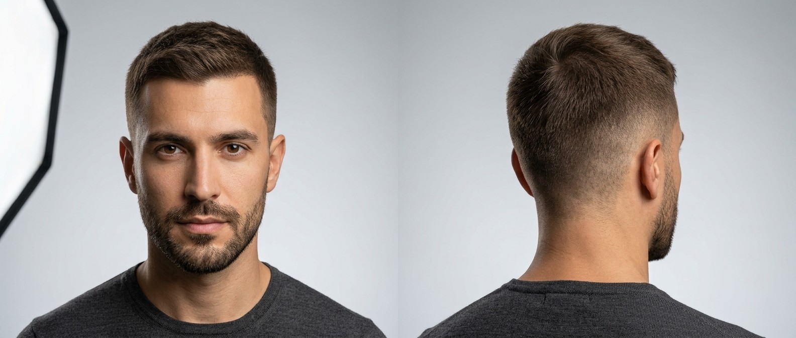 Homem caucasiano com corte crew cut texturizado, mid taper fade e barba curta em estúdio.