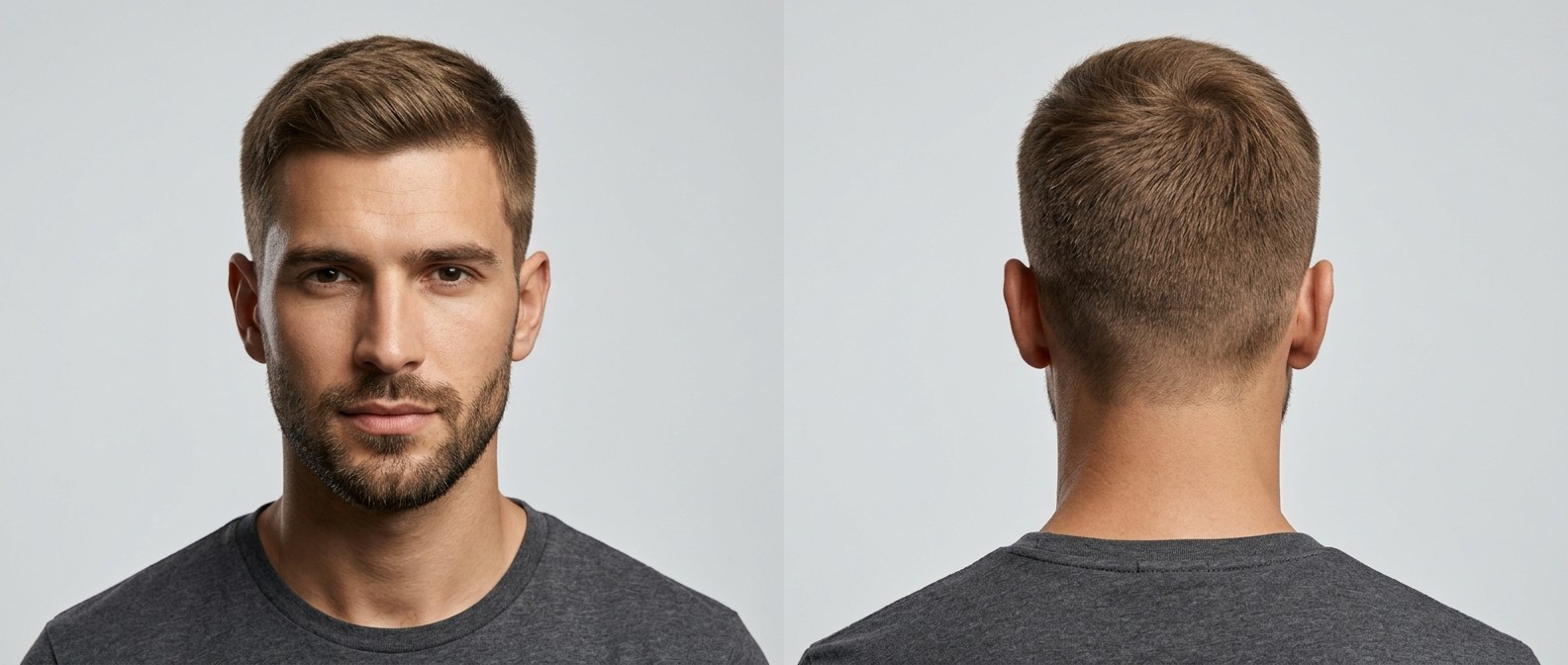 Vista frontal e lateral de um homem com crew cut clássico, degradê nas laterais, topo texturizado e barba curta.