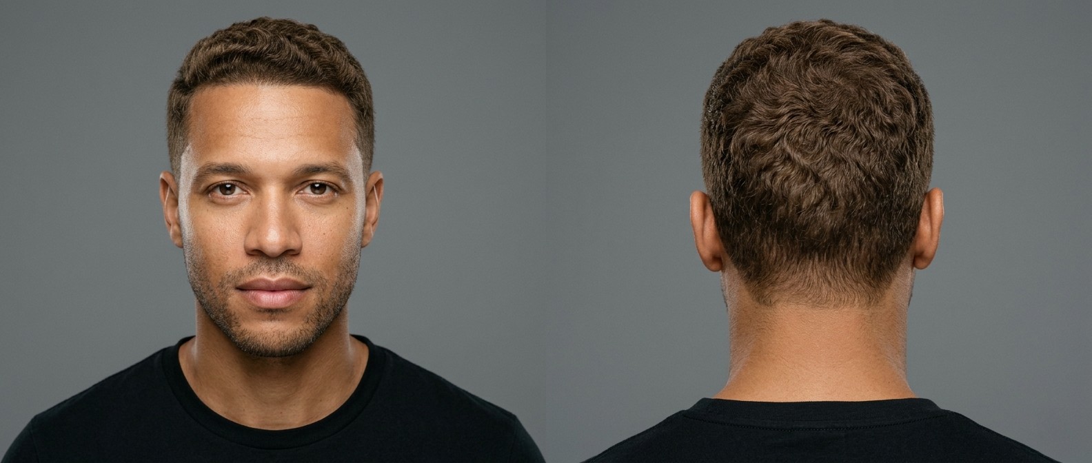 Vista frontal e lateral de homem de 40 anos com crew cut ondulado, laterais em degradê e acabamento preciso.