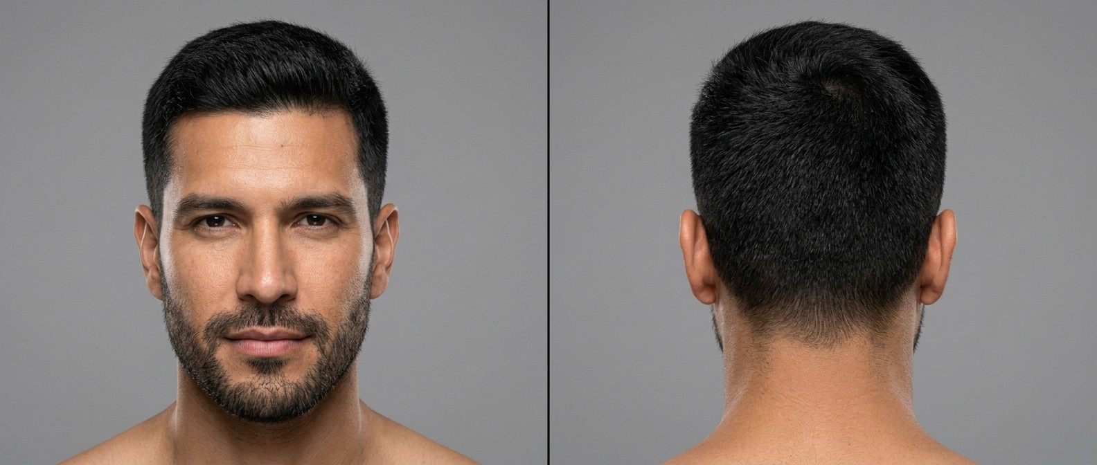 Front and back view of a Latino man with a short beard wearing a classic textured crew cut with tapered sides and thick straight dark hair.