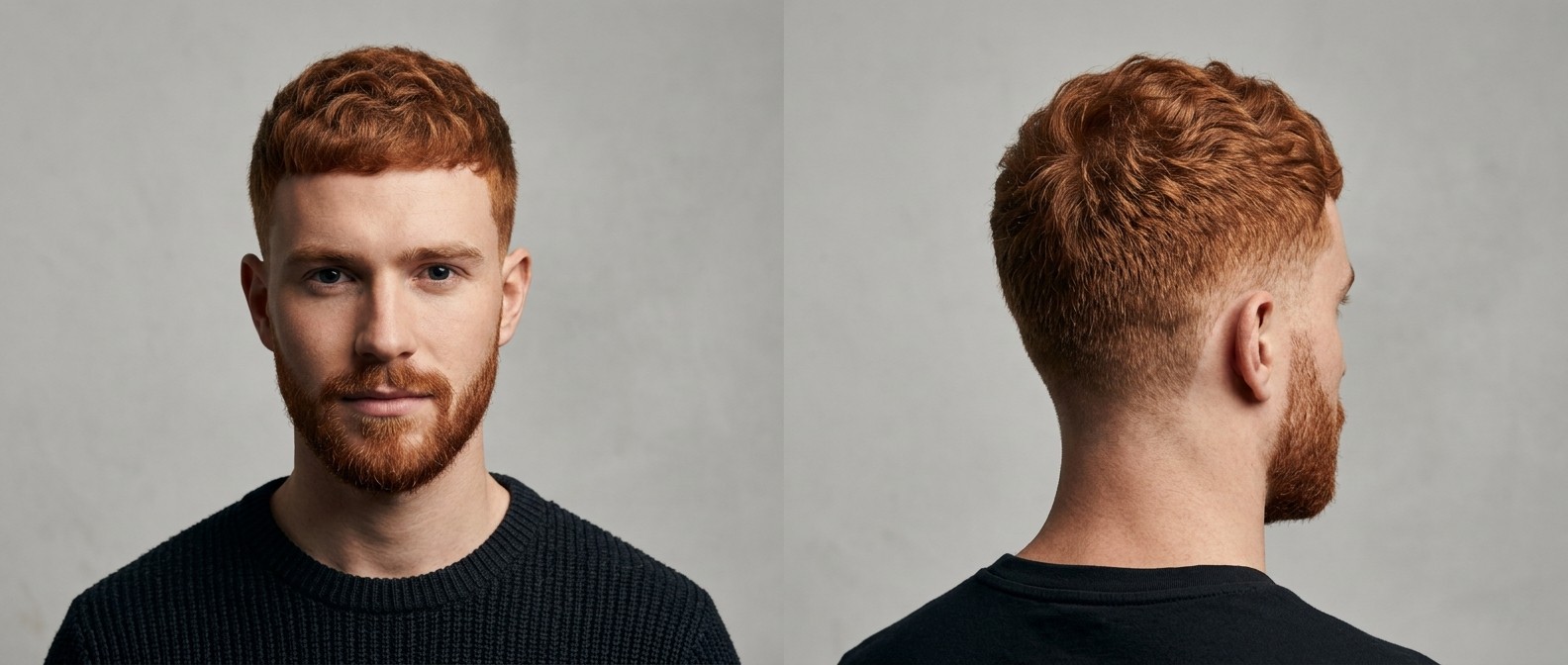 Front and back view of a young man with red hair wearing a textured wavy crew cut with a short fringe, mid fade, and a neatly groomed beard.