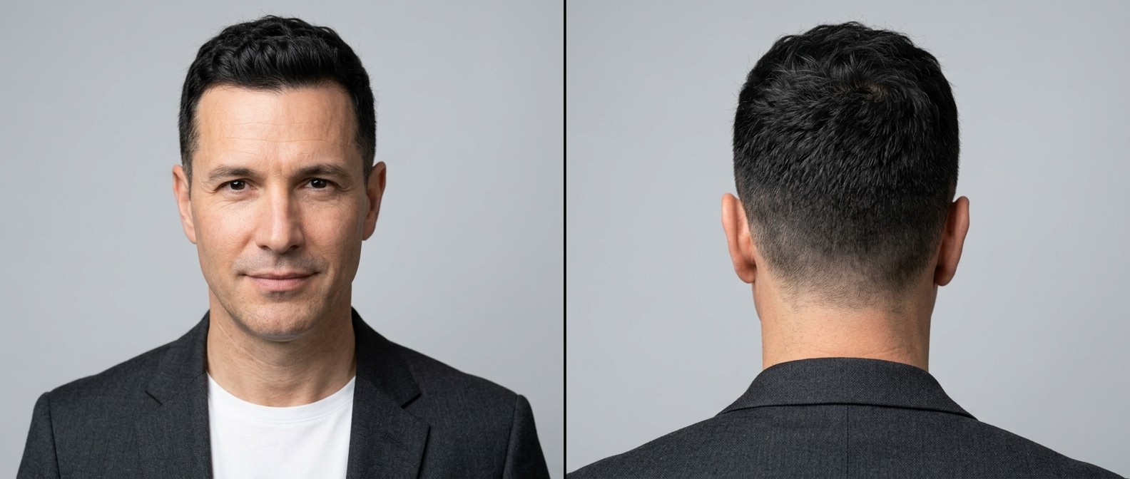Front and back view of a mature man with black hair wearing a classic wavy crew cut with tapered sides, styled for a professional business look.