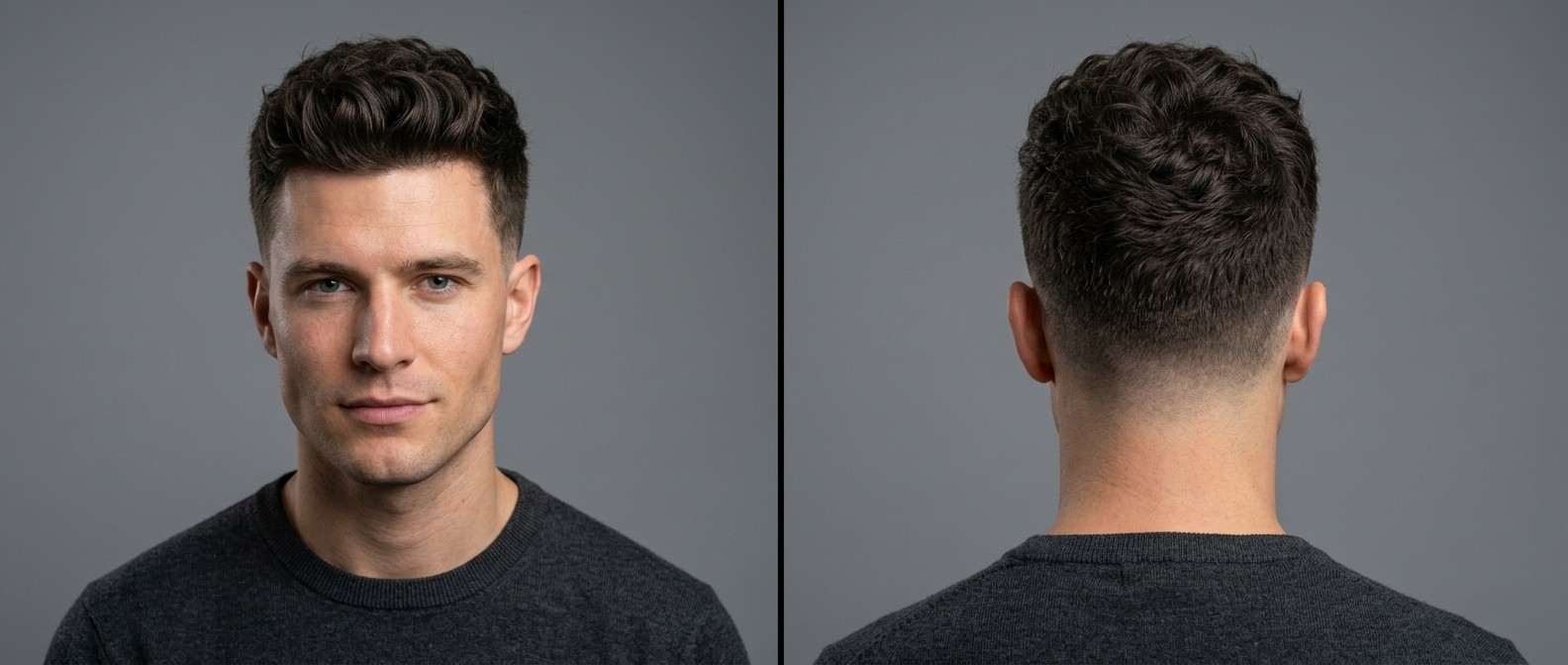 Front and back view of a Caucasian male with dark brown hair modeling a modern textured wavy crew cut with a high skin fade and brushed-up front.