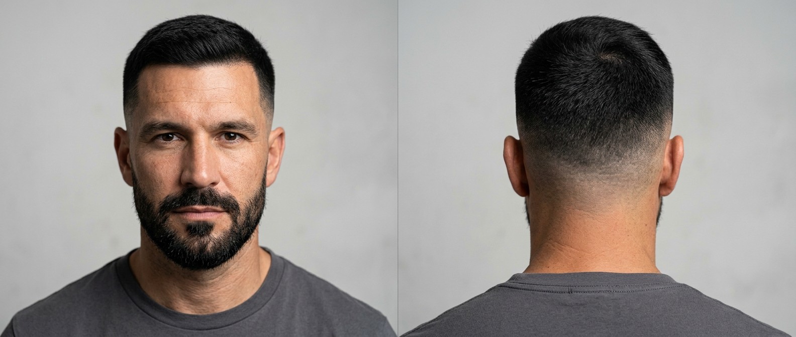 Front and back view of a handsome 40-year-old Caucasian man showcasing a thick black crew cut, high skin fade, and a full beard on a gray background.
