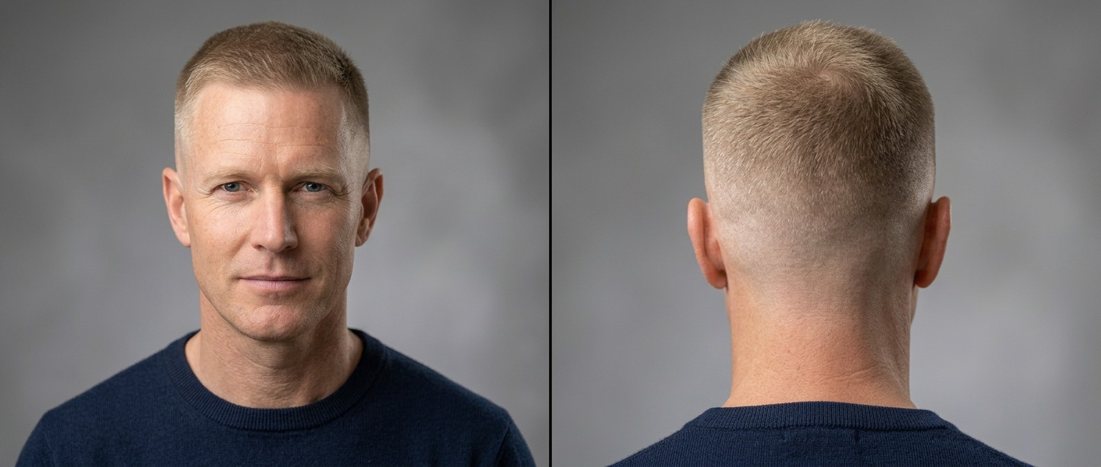 Mature Caucasian man with blonde hair modeling a high fade crew cut. Front and back views show a short textured top and tight skin faded sides.
