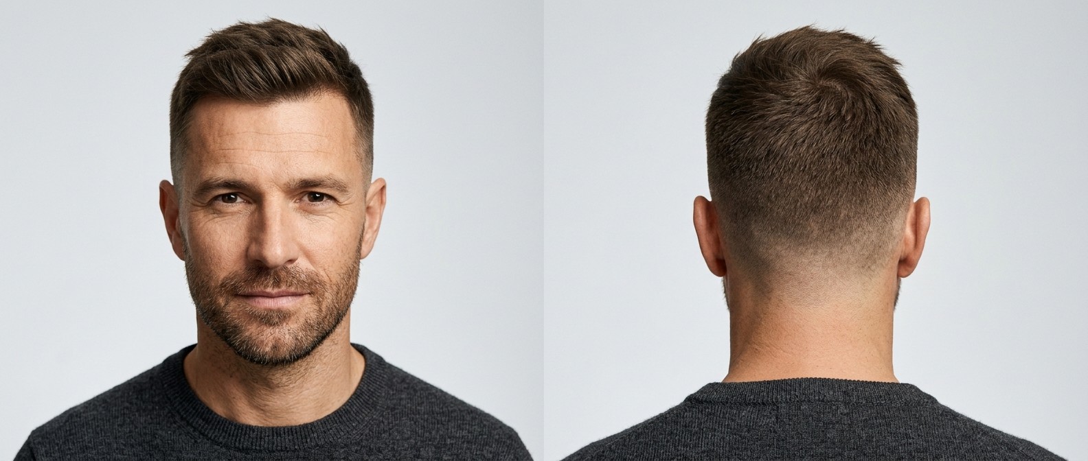 Front and back view of a mature man with a textured crew cut, high taper fade, subtle front sweep, and neat facial stubble.