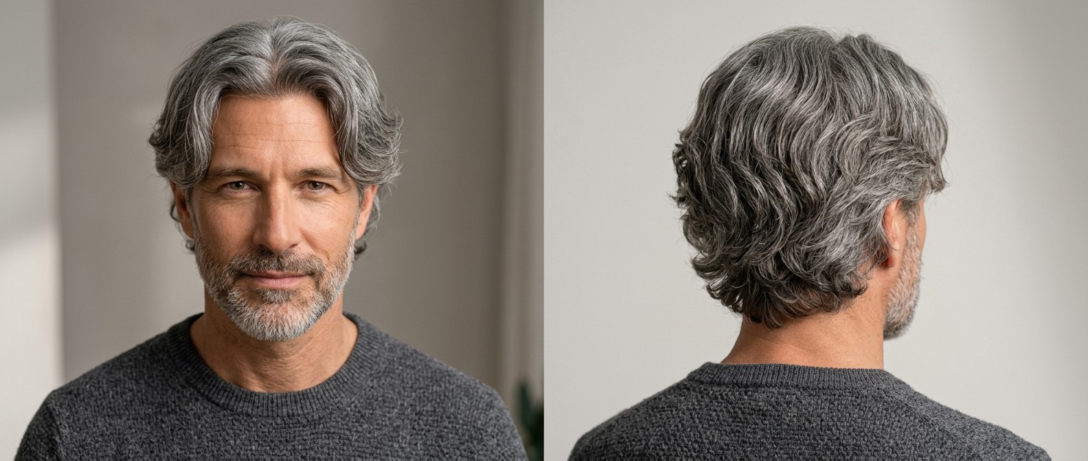 Front and back view of a mature gentleman with a short beard wearing a wavy silver curtains hairstyle with a layered back and middle part.