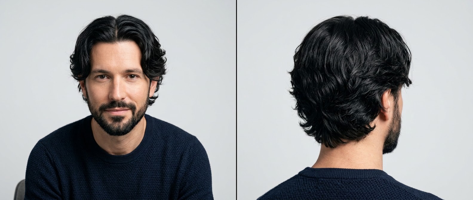 Front and back view of a 40-year-old Caucasian man with black wavy hair styled in a layered middle-part curtains haircut with a short beard.